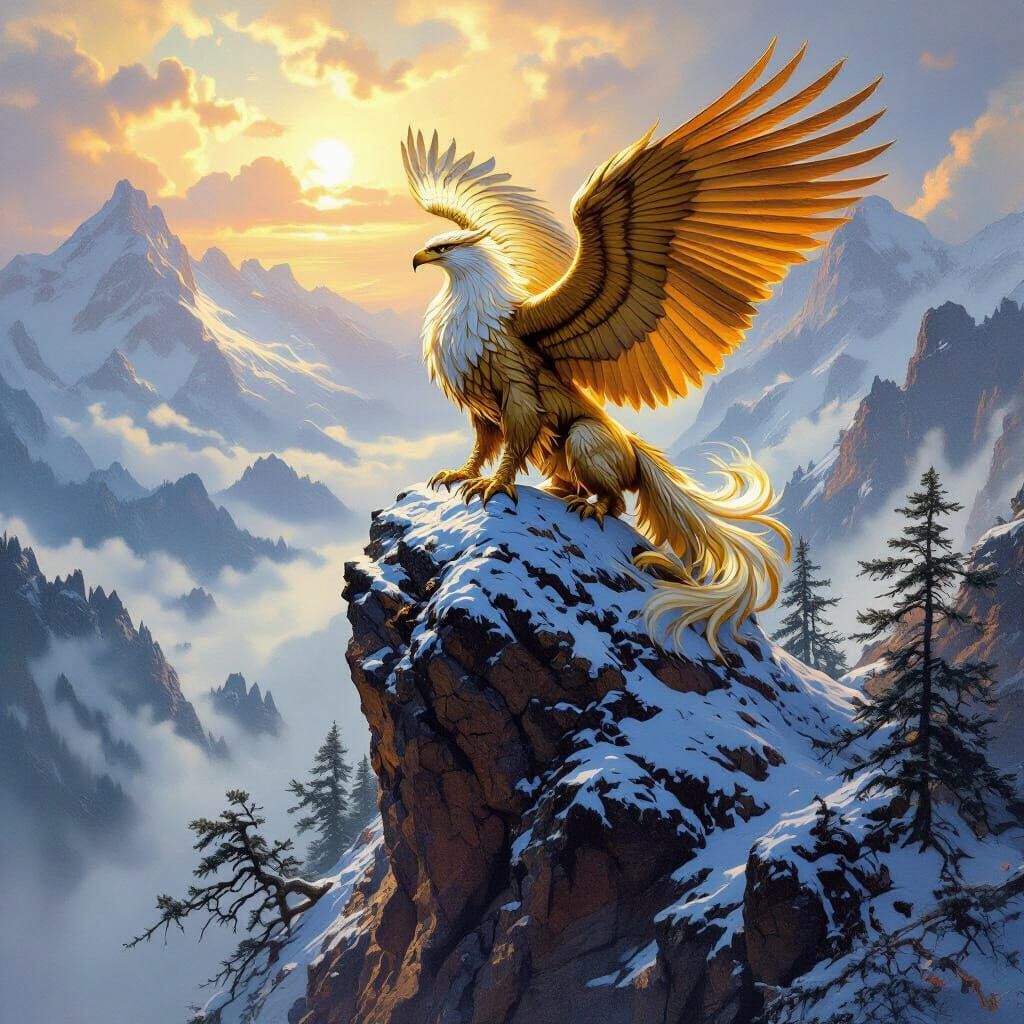 Griffin Overlooking Misty Valley, Romantic Landscape