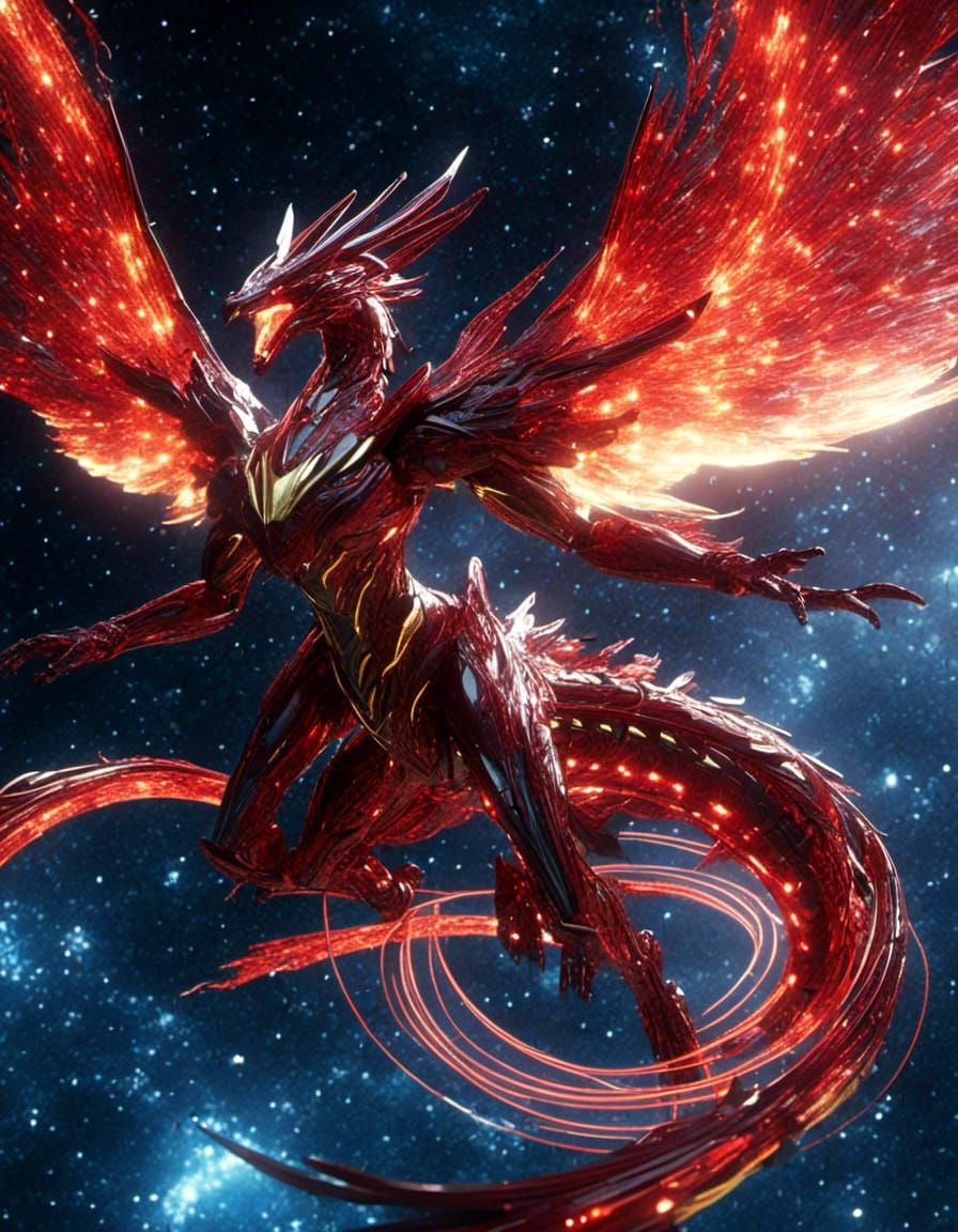 Anime Celestial Flying Great Mother NuWa Cosmic Dragon, red, black and gold, flying through a Nebula, starfield 8K resol...
