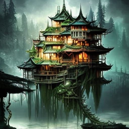 Clockpunk Bonsai Village in Glass Crystal, 3D Painting