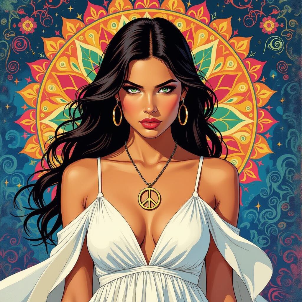 Psychedelic Woman with Fierce Gaze in Retro Style