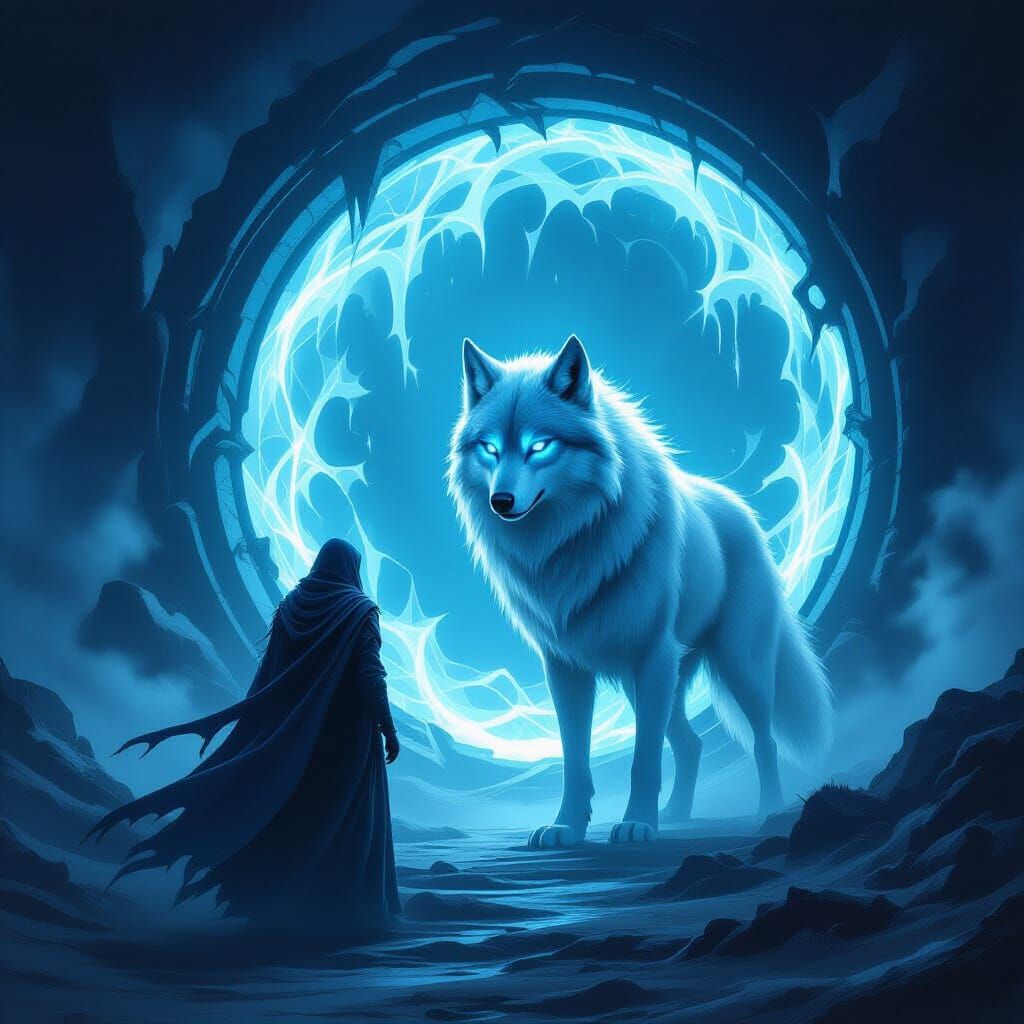 Spectral Wolf Guards Shimmering Portal in Fantasy Art Style