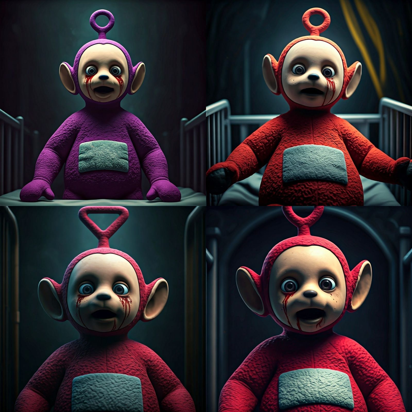 Sinister Teletubby in Dark Hospital Crib