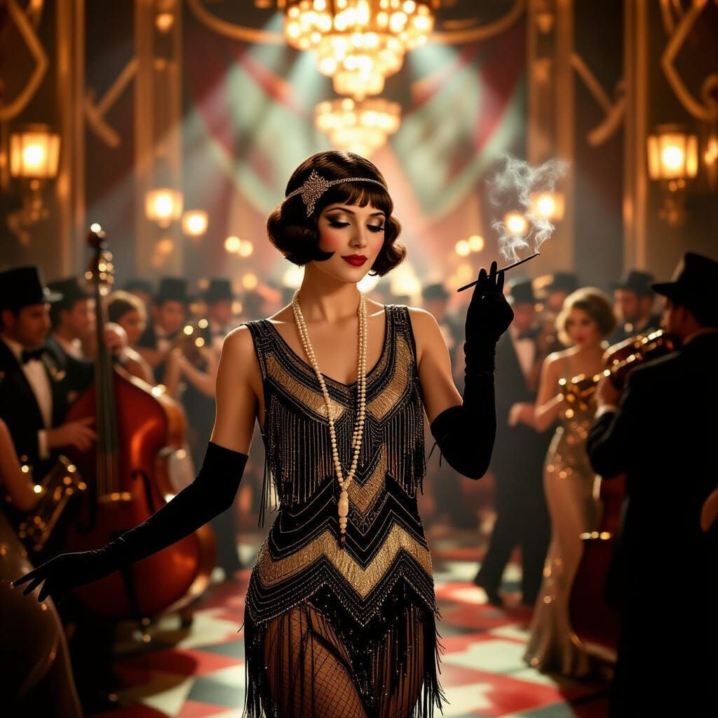 Glamorous Flapper Dancing in Art Deco Speakeasy