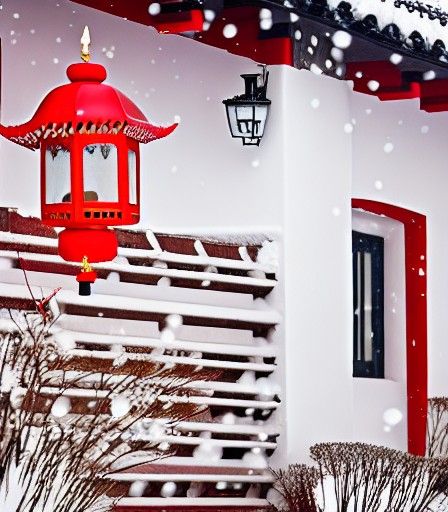 Winter Houses with Red Lanterns