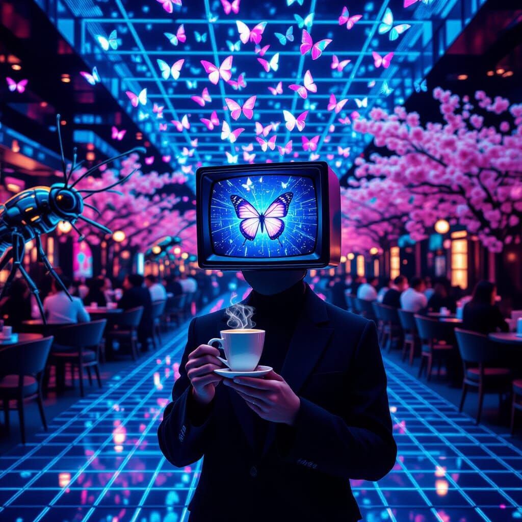 Ethereal Cafe Scene with TV Head Figure