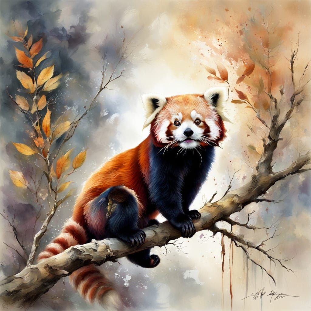 Red Panda in Autumn Forest, Soft Impressionist Painting
