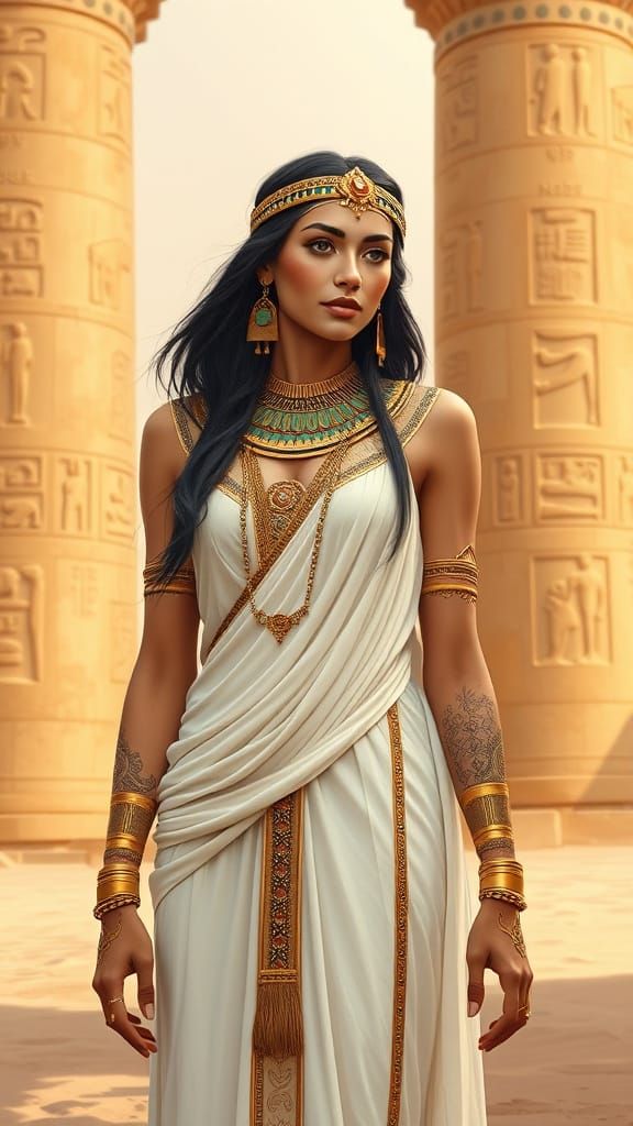 Ancient Egyptian Queen in Impressionistic Desert Oasis