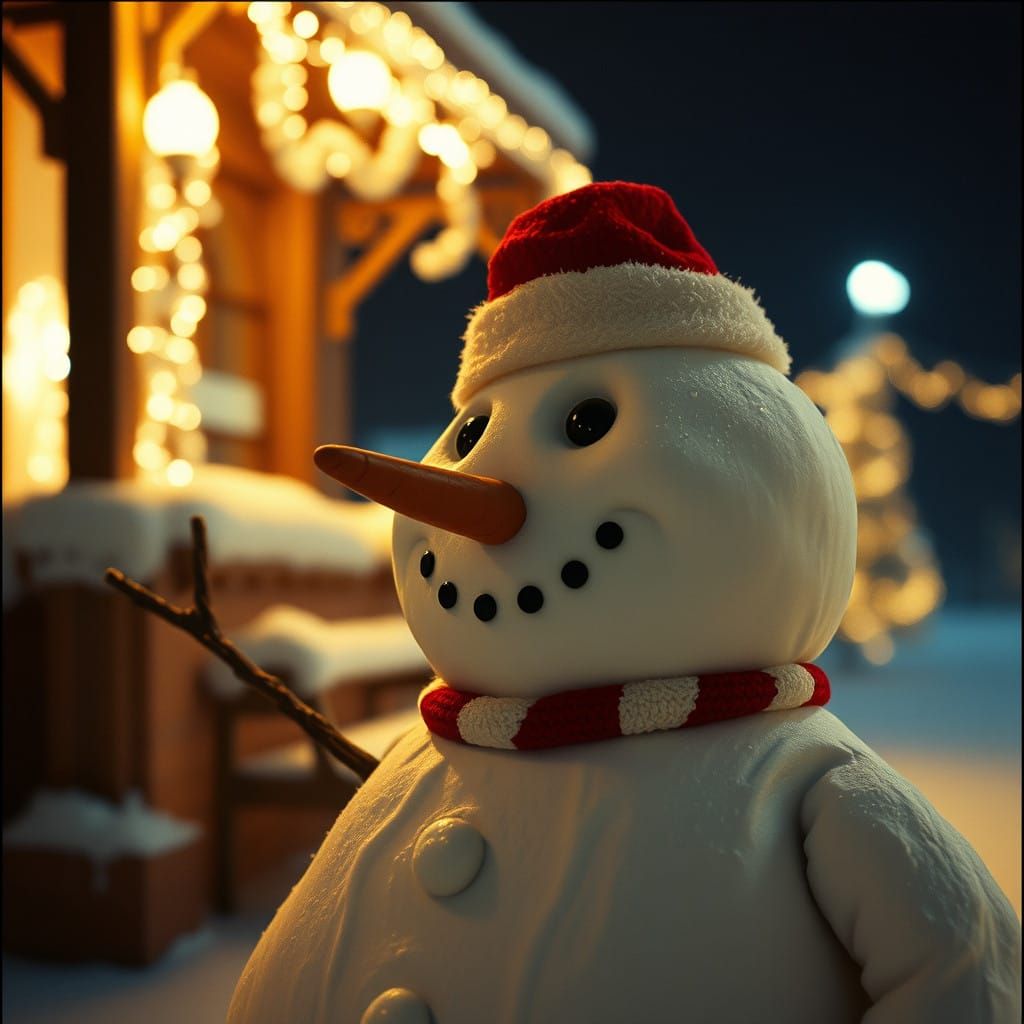 Cinematic Snowman Film Still in Film Grain Vignette