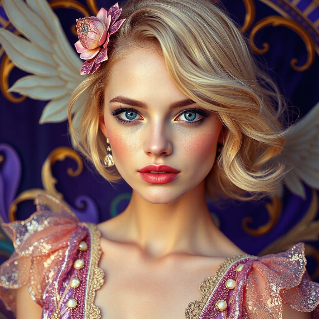 Ethereal Blonde in Pearlescent Gown with Cobalt Eyes