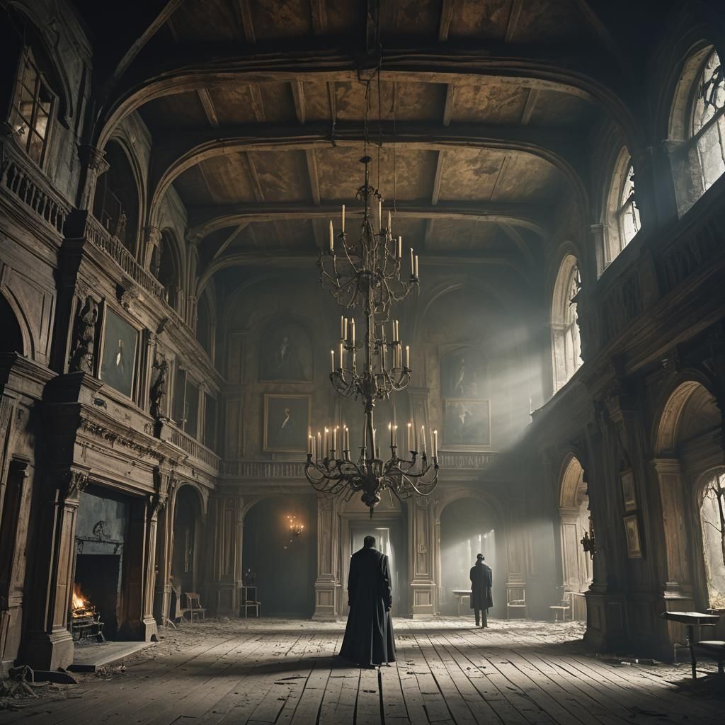 Eerie Figure in Decaying Welsh Hotel, Dark Fantasy Art