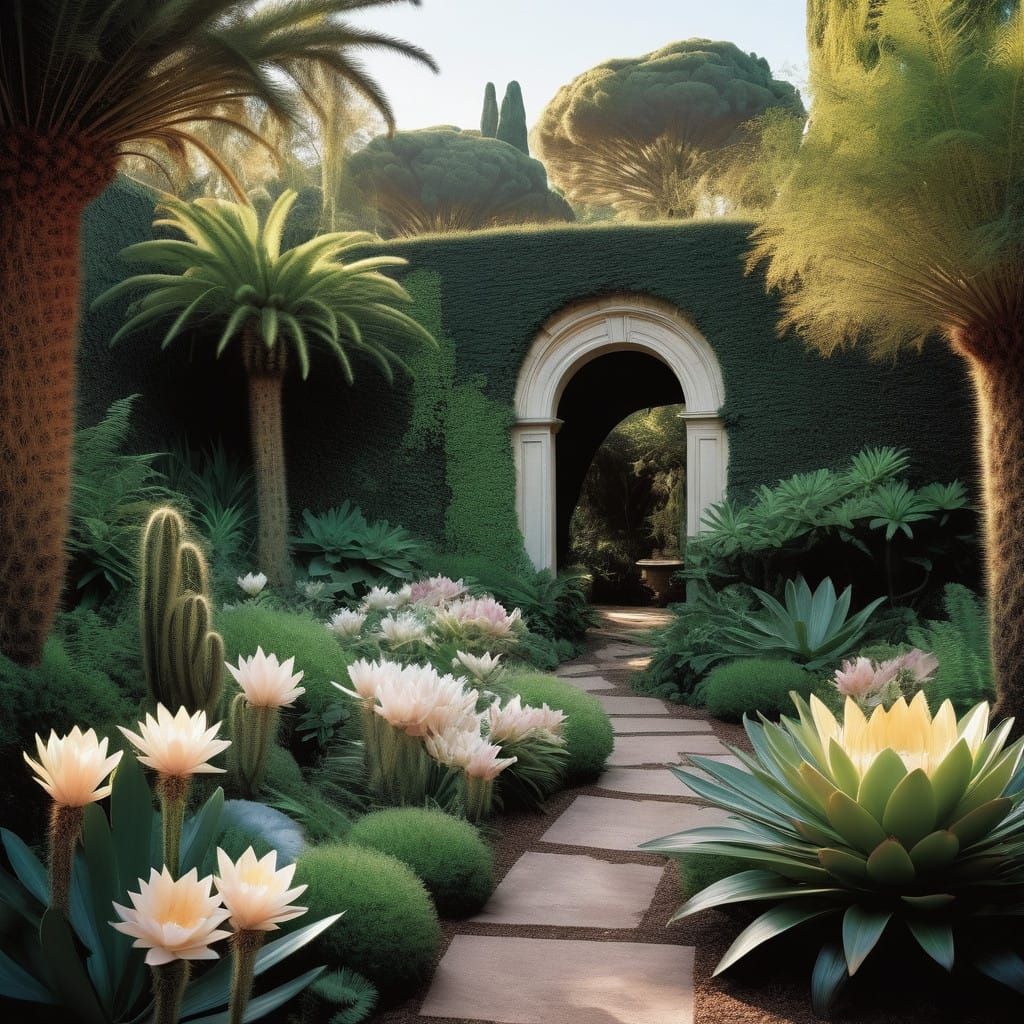 A vast and opulent Victorian-era botanical garden stretches endlessly, its grandeur accentuated by a rich palette of aut...