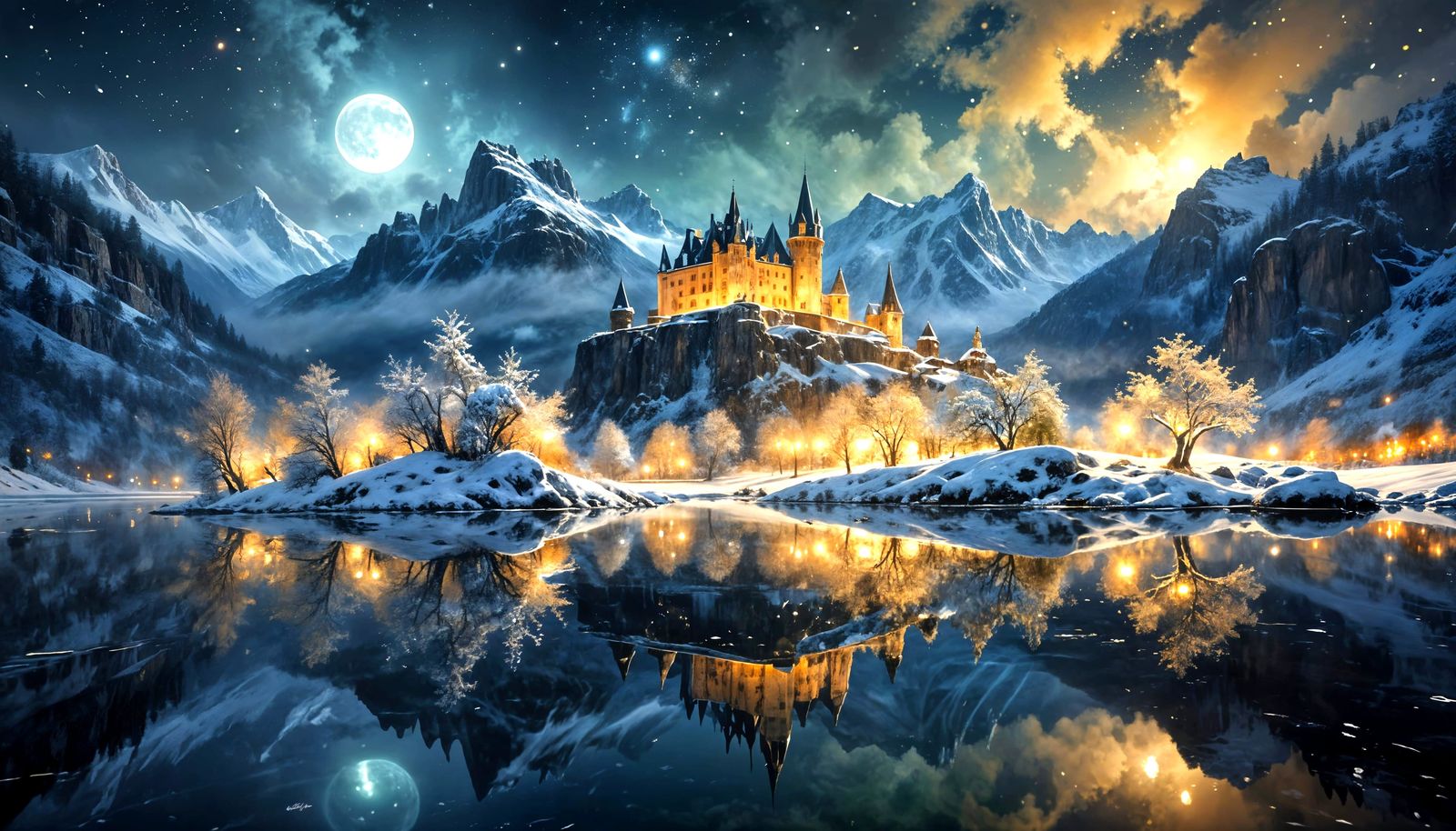 Fantasy Snowy Castle on Cliff Over Mirror Lake