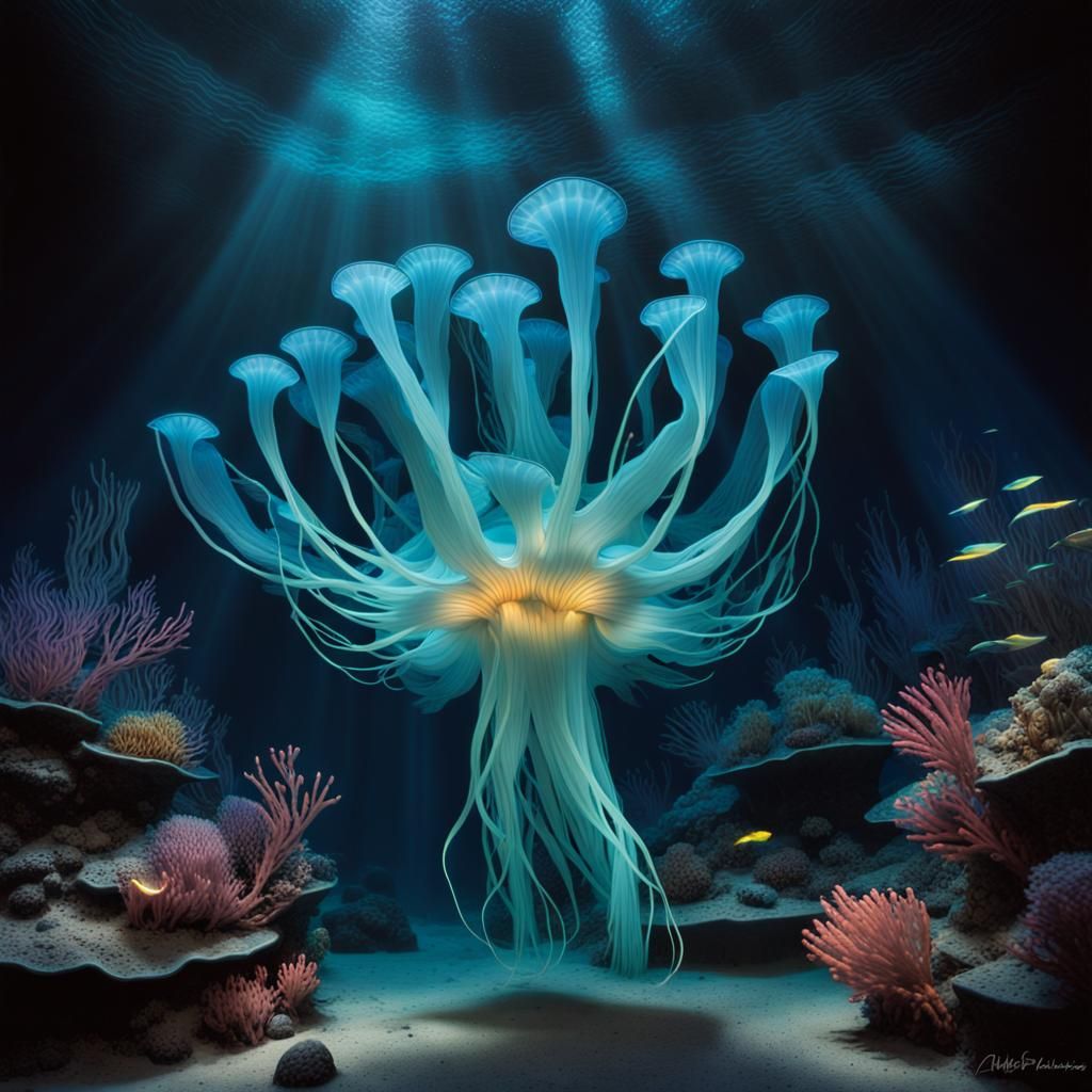 underwater world comes to life as bioluminescent organisms illuminate the dark depths.