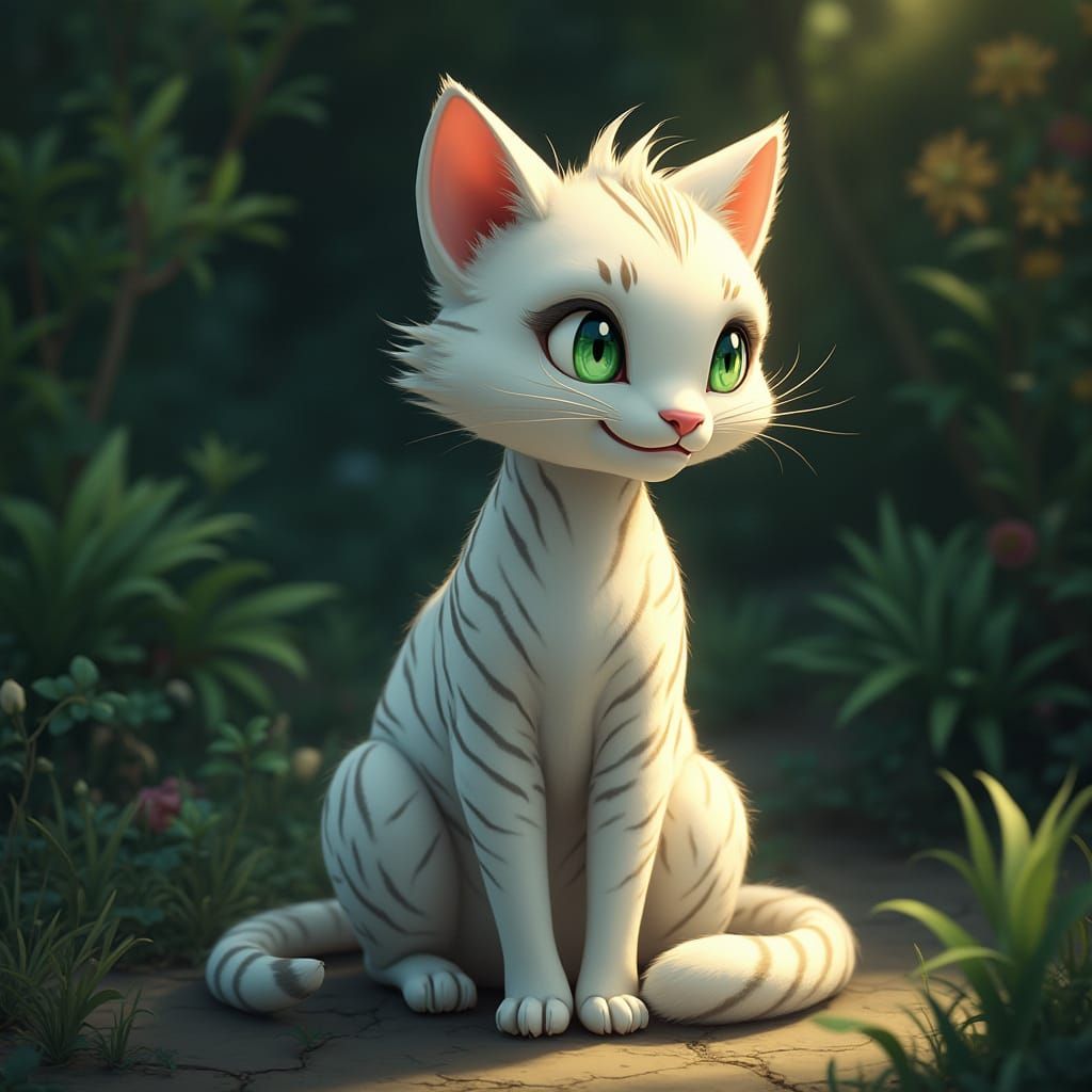 Majestic Zebra-Striped Cat with Emerald Eyes in Whimsical Fa...