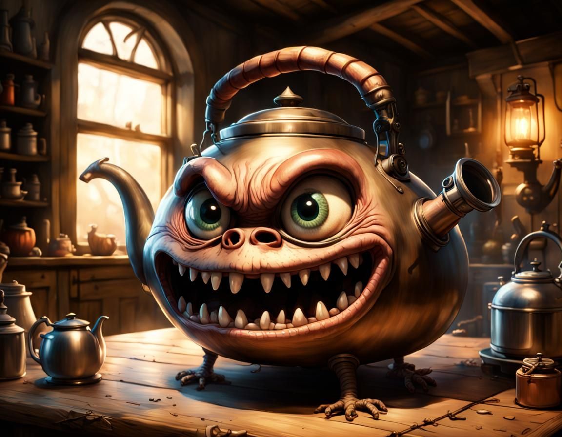 Evil Kettle Monster in Fantasy Cottage, Cartoon Concept Art