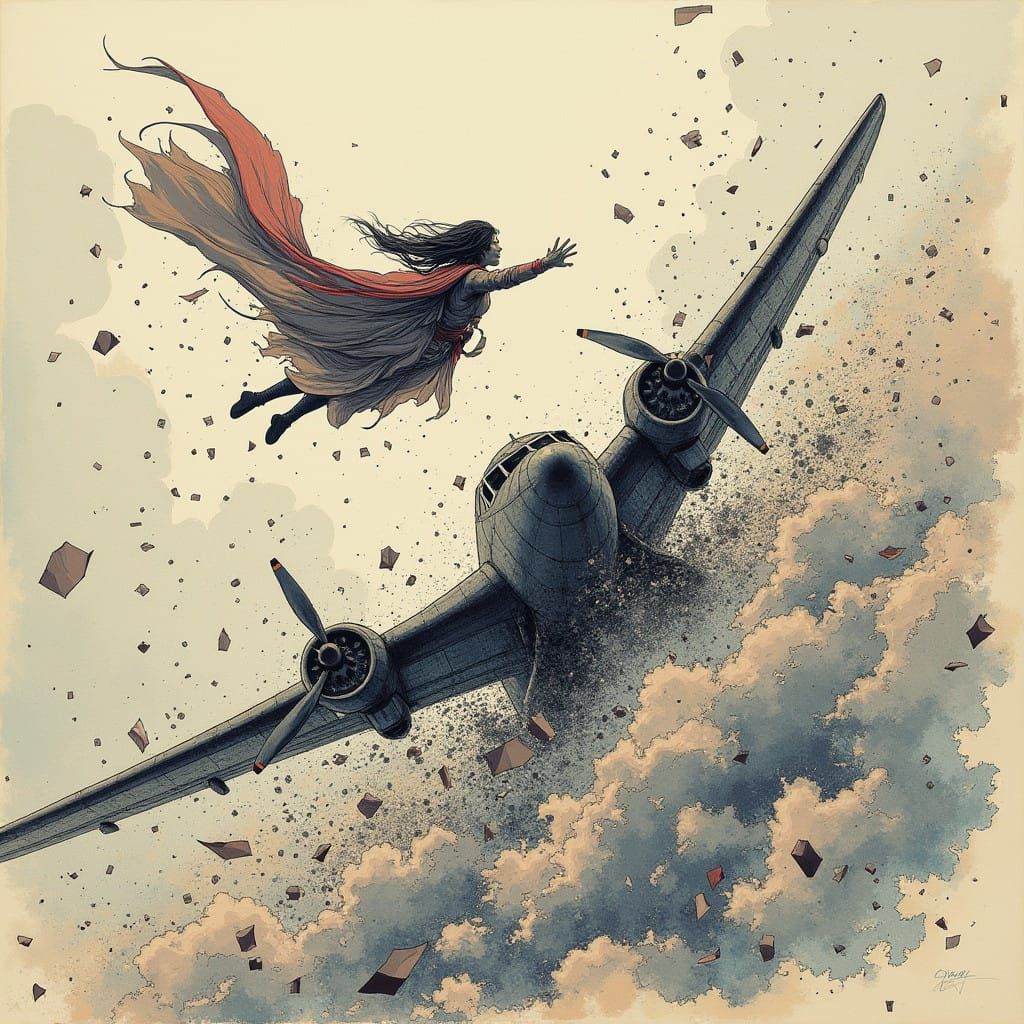 Heroic Woman Soars with Crashing Plane in Whirling Storm