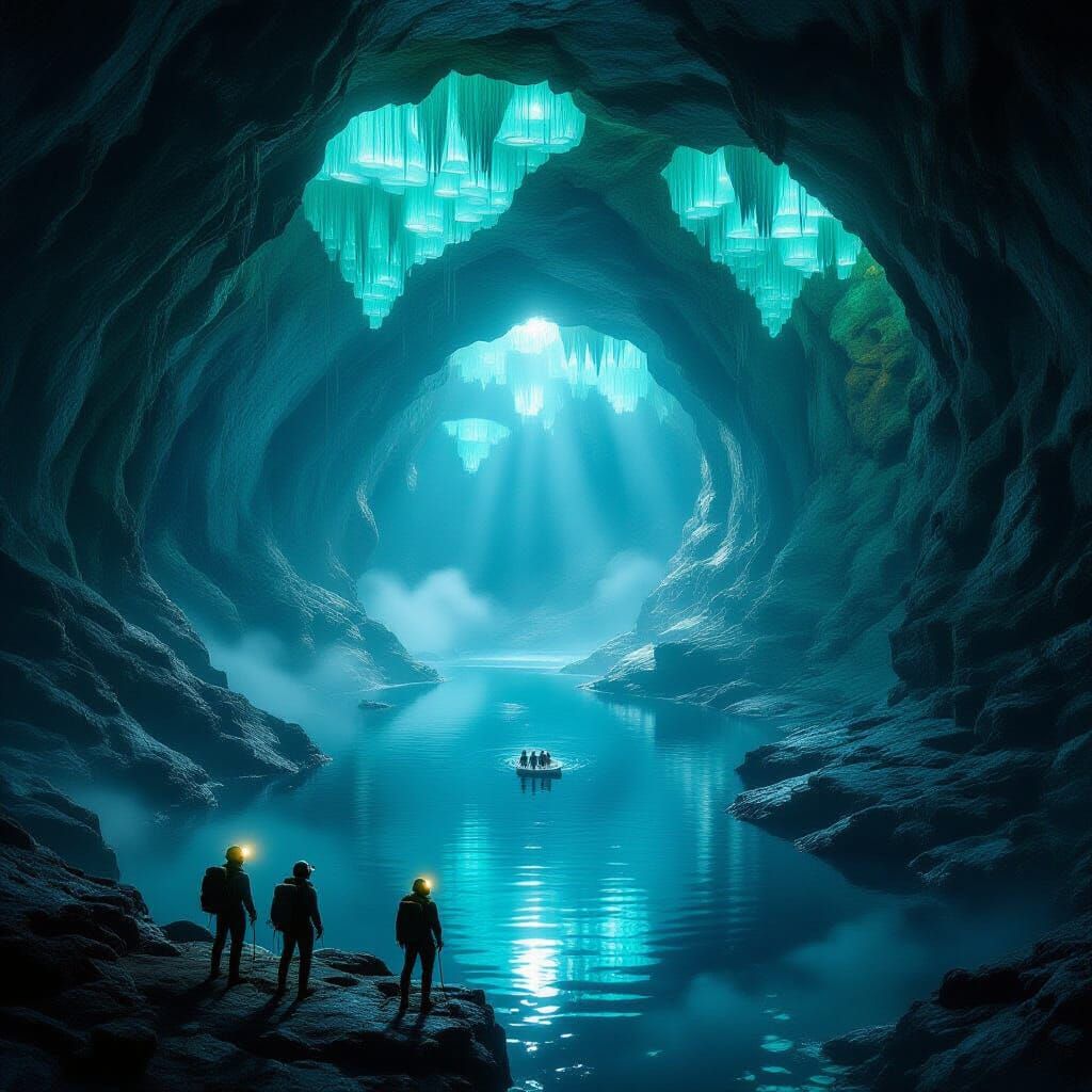 Vast Bioluminescent Underground World Explored by Adventurer...