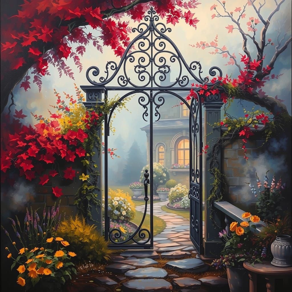 Majestic Burgundy Iron Gate Amidst Whimsical Garden