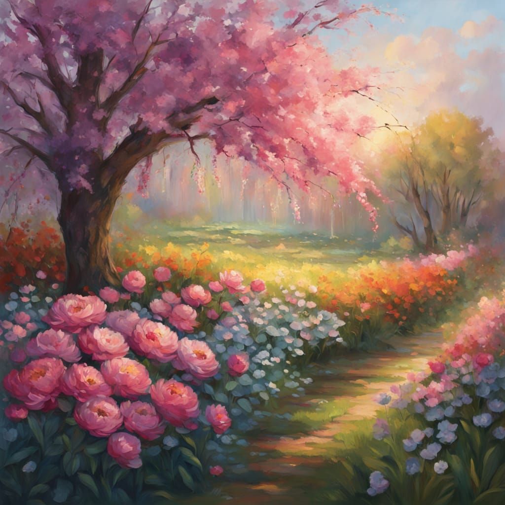 Vibrant Peony Landscape at Spring Sunrise in Impressionistic...