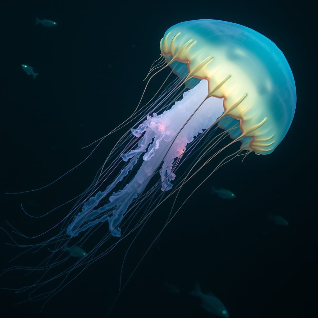Bioluminescent Jellyfish in Alien Ocean: Hyperrealistic Digi...