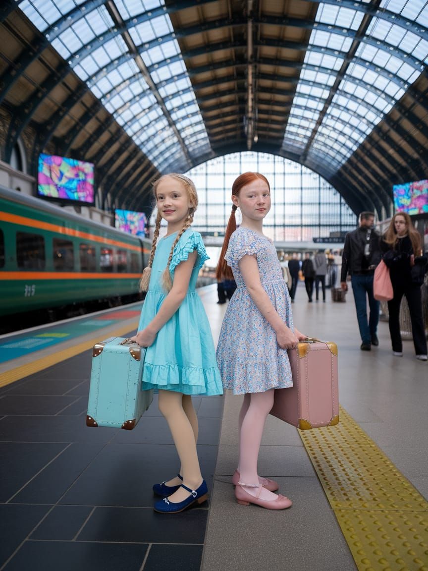 Vintage Train Station Scene with Two Girls