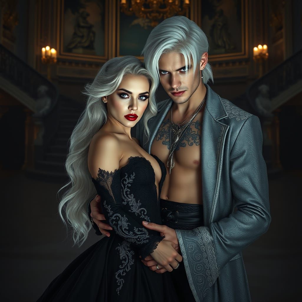Ethereal Baroque Gothic Couple Embracing in Opulent Ballroom