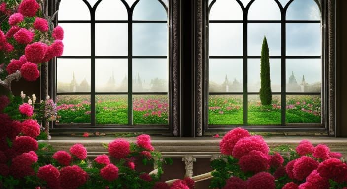 Blooming Rose Garden View Through Luxurious Windows