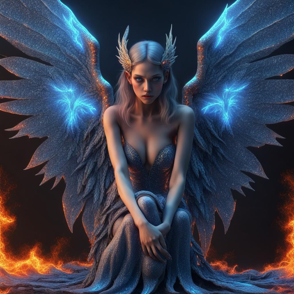 Surreal Fallen Angel with Fiery Neon Eyes