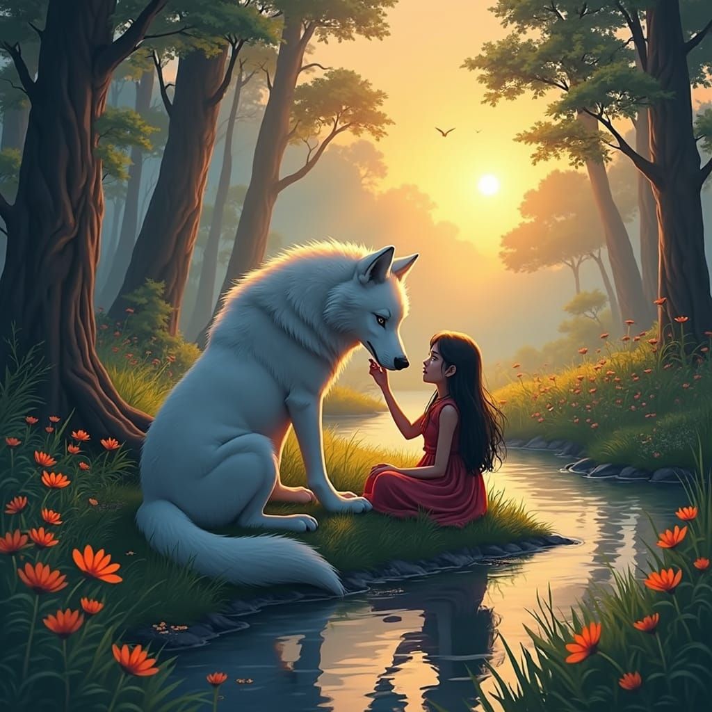Moon and Wolfie: Serene Forest Scene in Digital Art