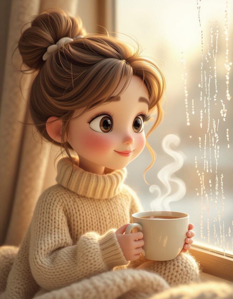 Cozy 3D Girl With Tea By Foggy Window