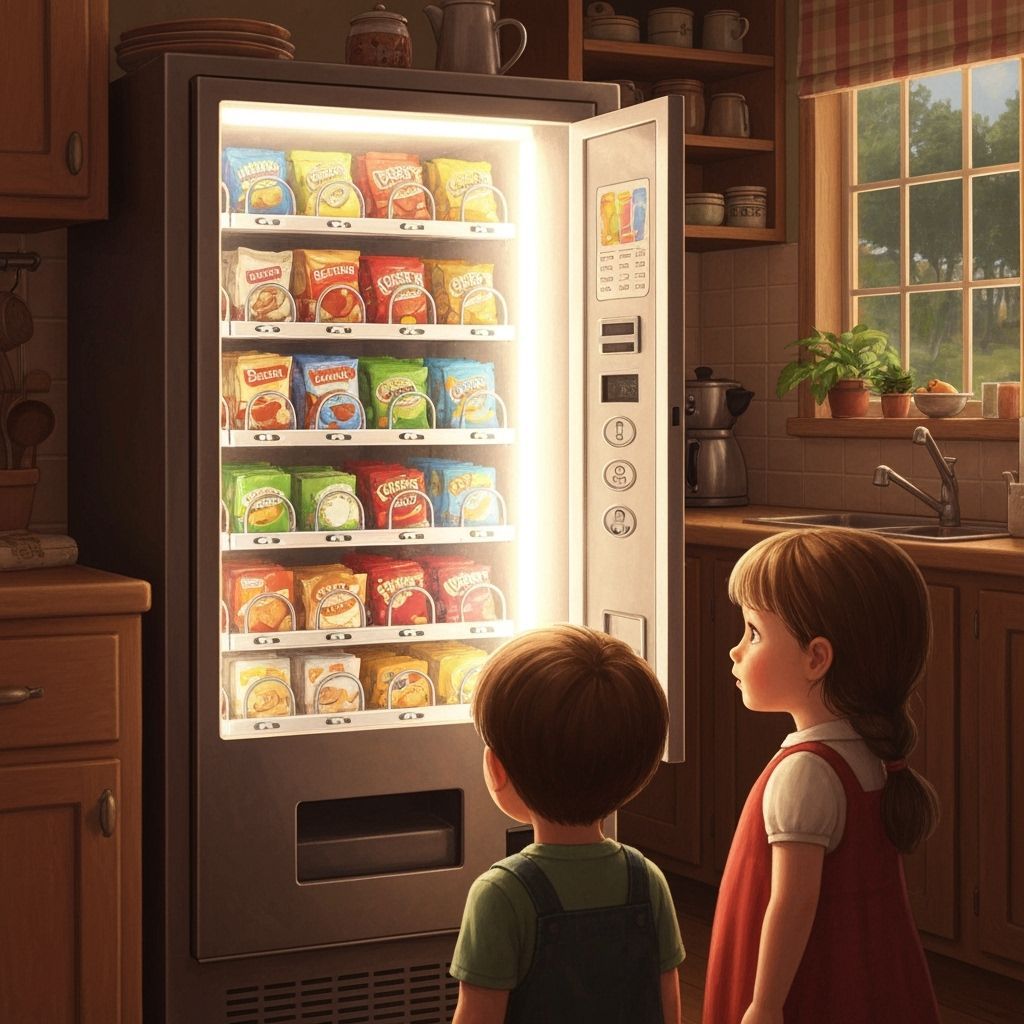 Kids Explore Snack Vending Machine in Cozy Kitchen