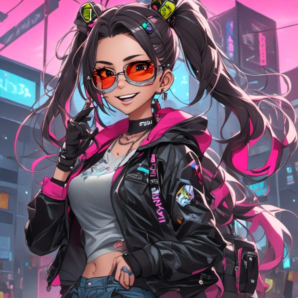 Brunette in Cyberpunk City with Graffiti Cans
