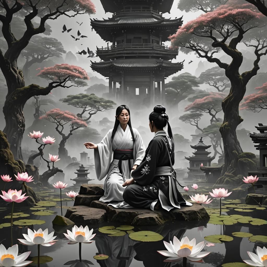 Japanese Sage Levitating Over Lotus Blossoms