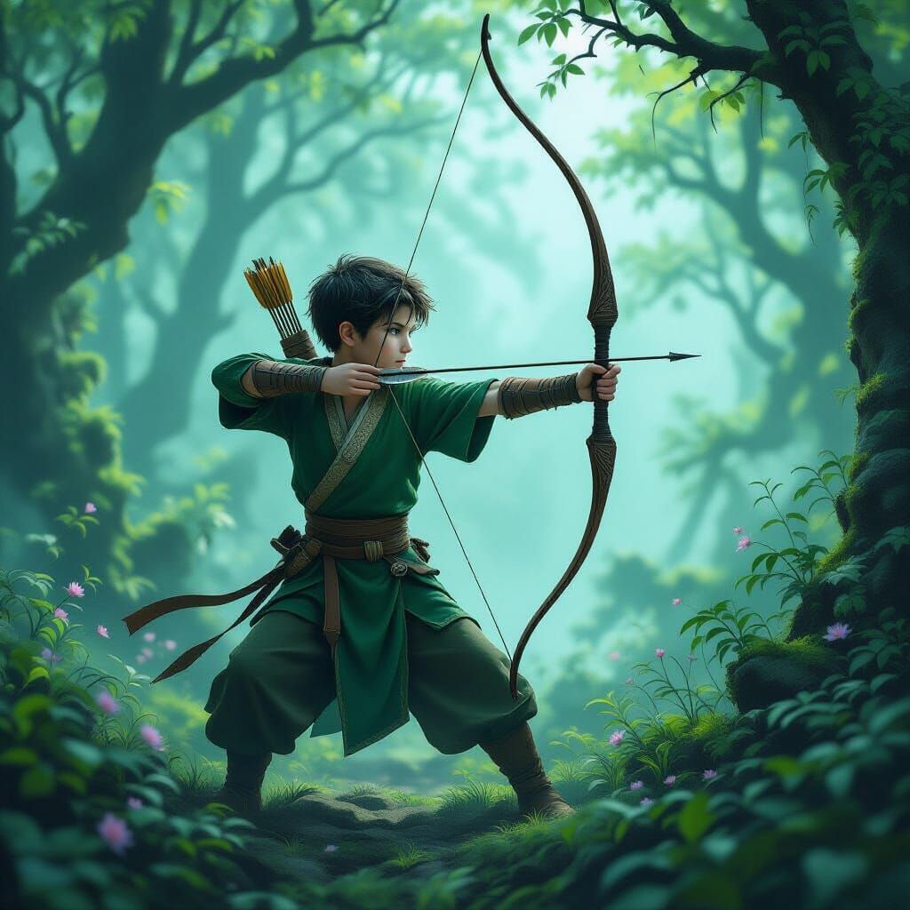 Young Archer in Misty Forest, Digital Painting