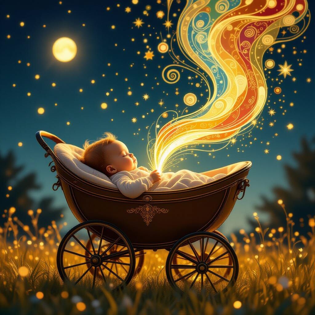 Baby Carriage Dreamscape in Art Nouveau Style