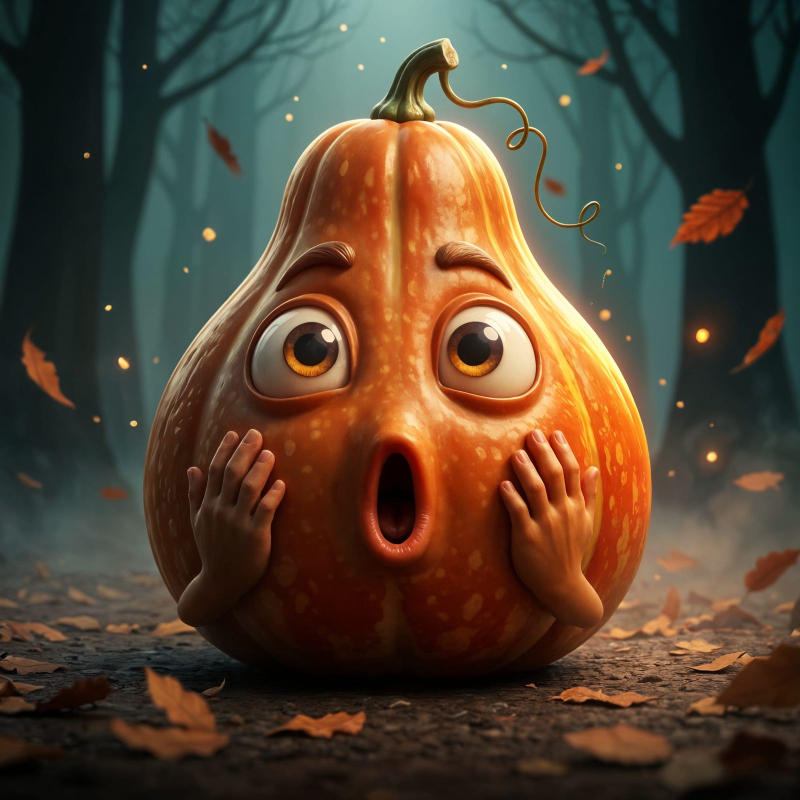 Shocked Gourd Caricature in Moody Woodland