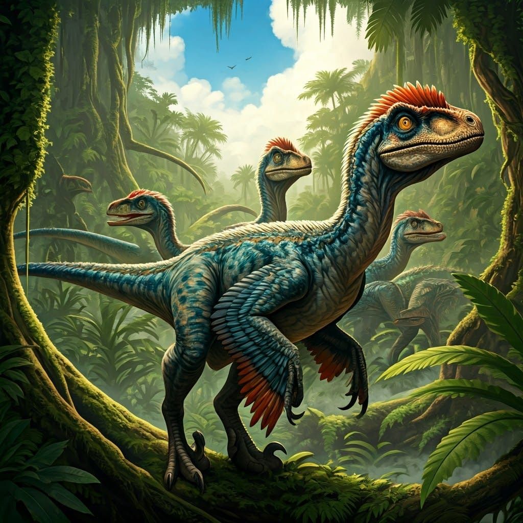 Velociraptors in Iridescent Plumage Amidst Tropical Jungle