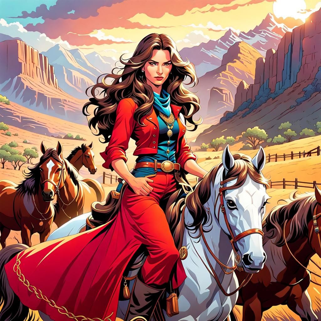 Young lovely Cowgirl with Long Brown Wavy hair