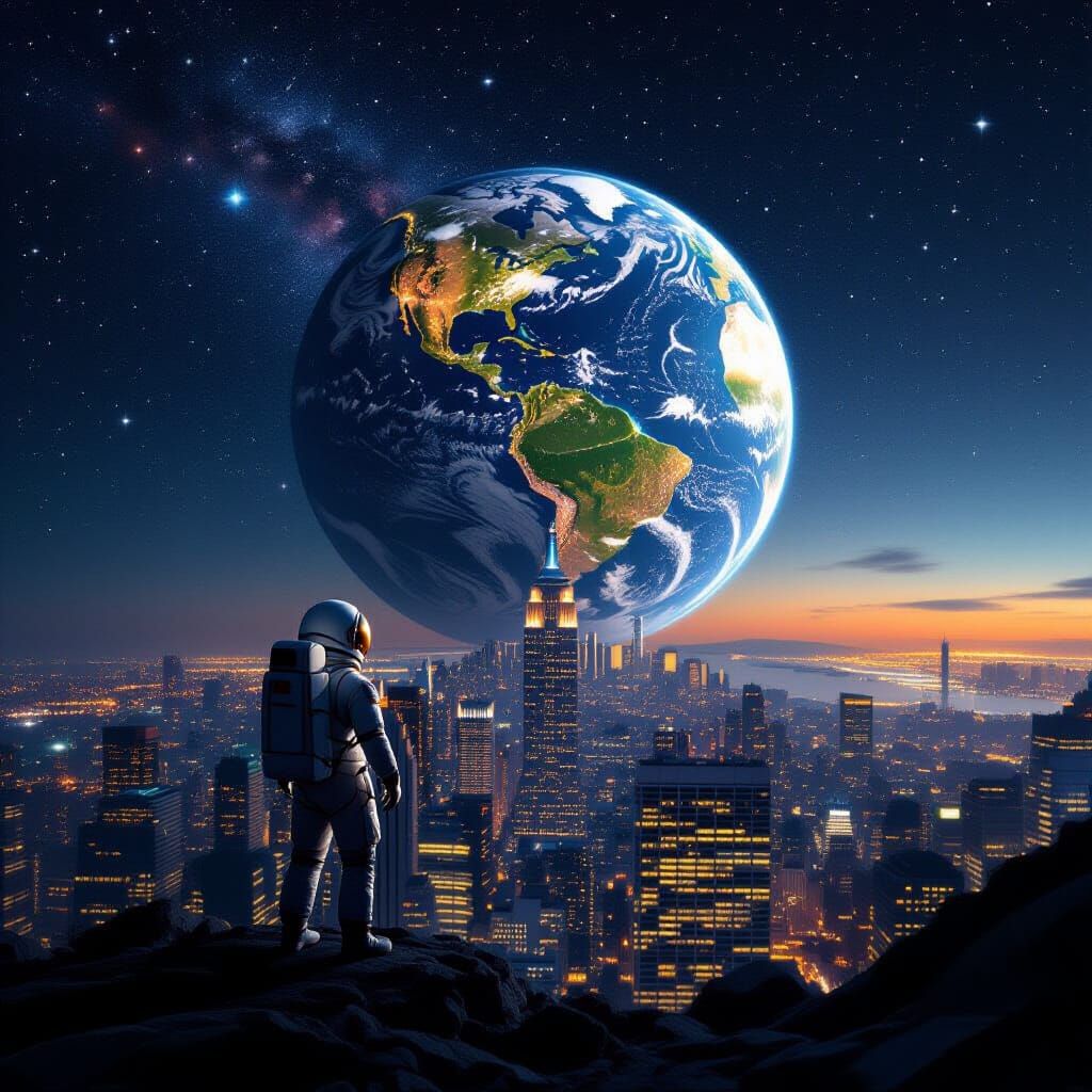 Planet From Space With City Lights and Astronaut