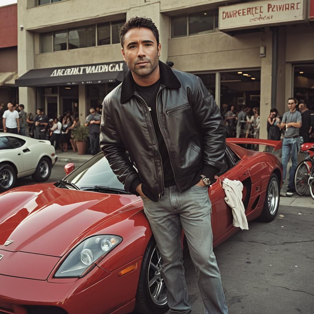 Oscar de la Hoya Posing by Red Sports Car