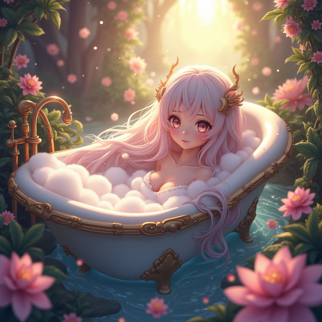 Anime Girl in Ornate Bathtub with Lush Garden