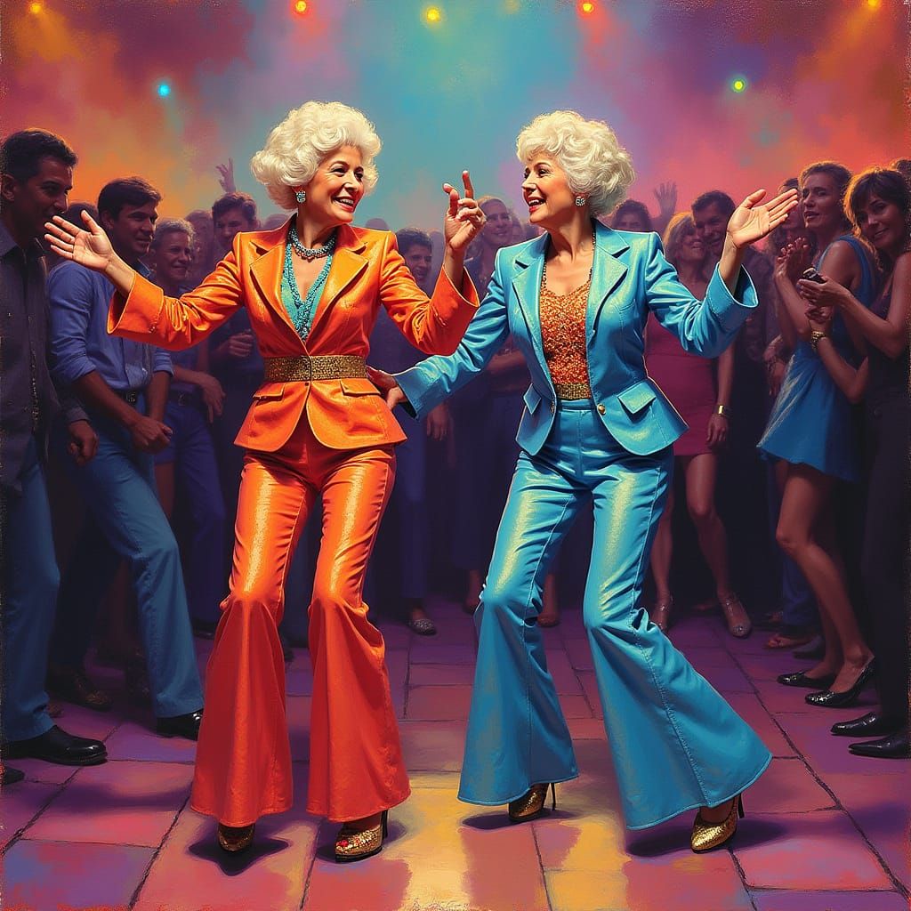 Two Women Dancing in Groovy Disco Style