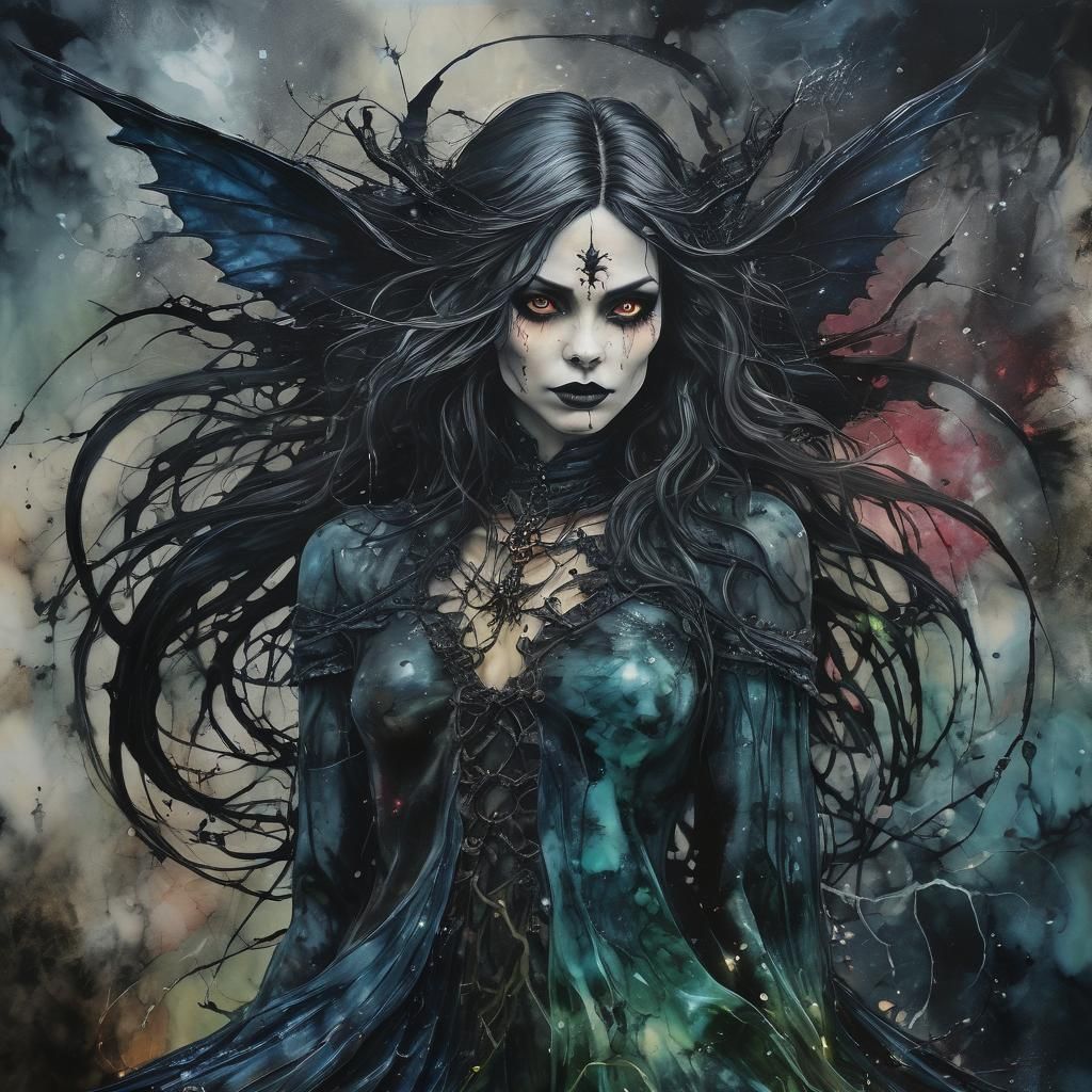 Dark Fairy Witch Summons Thunder: Encaustic Alcohol Ink