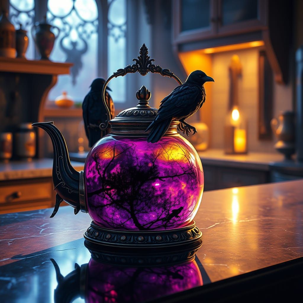 Gothic Raven Teapot in Morning Light, Alcohol Ink Style