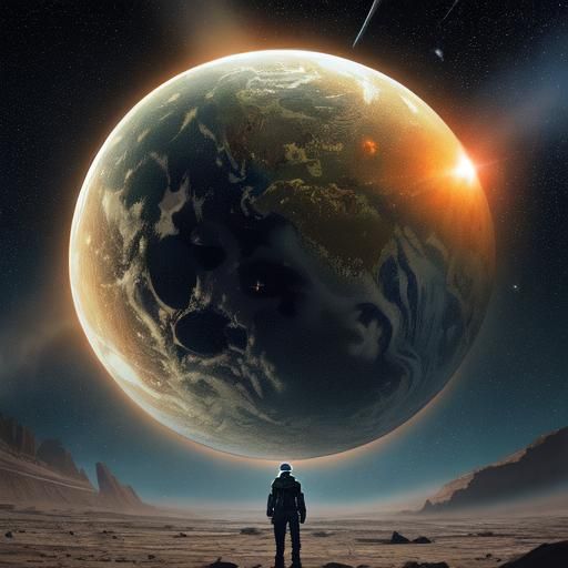 Man on Moon Gazing at Starry Space, Sci-Fi Art