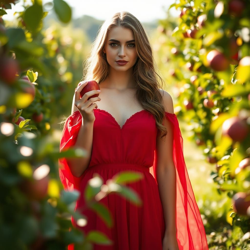 Woman in Red Dress in Apple Orchard