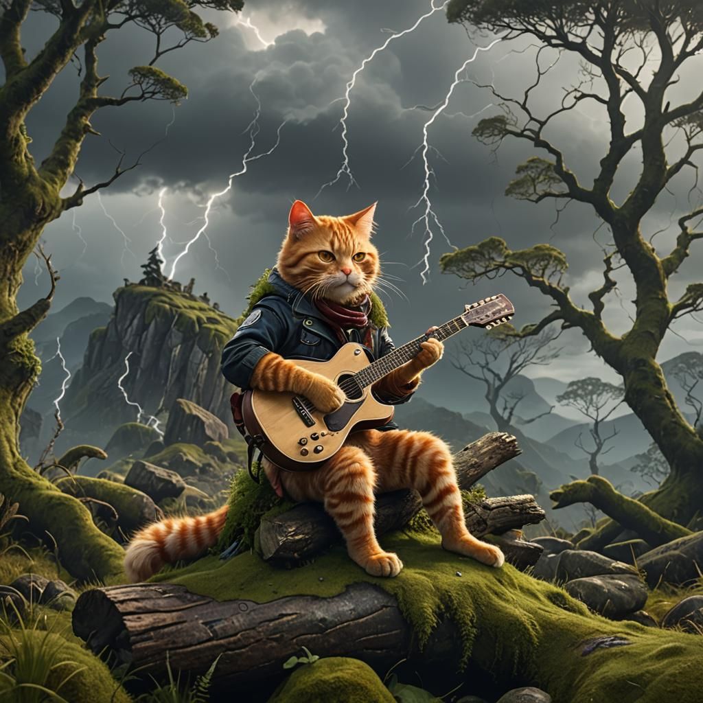 Ginger Cat Mewsician Plays Guitar in Storm