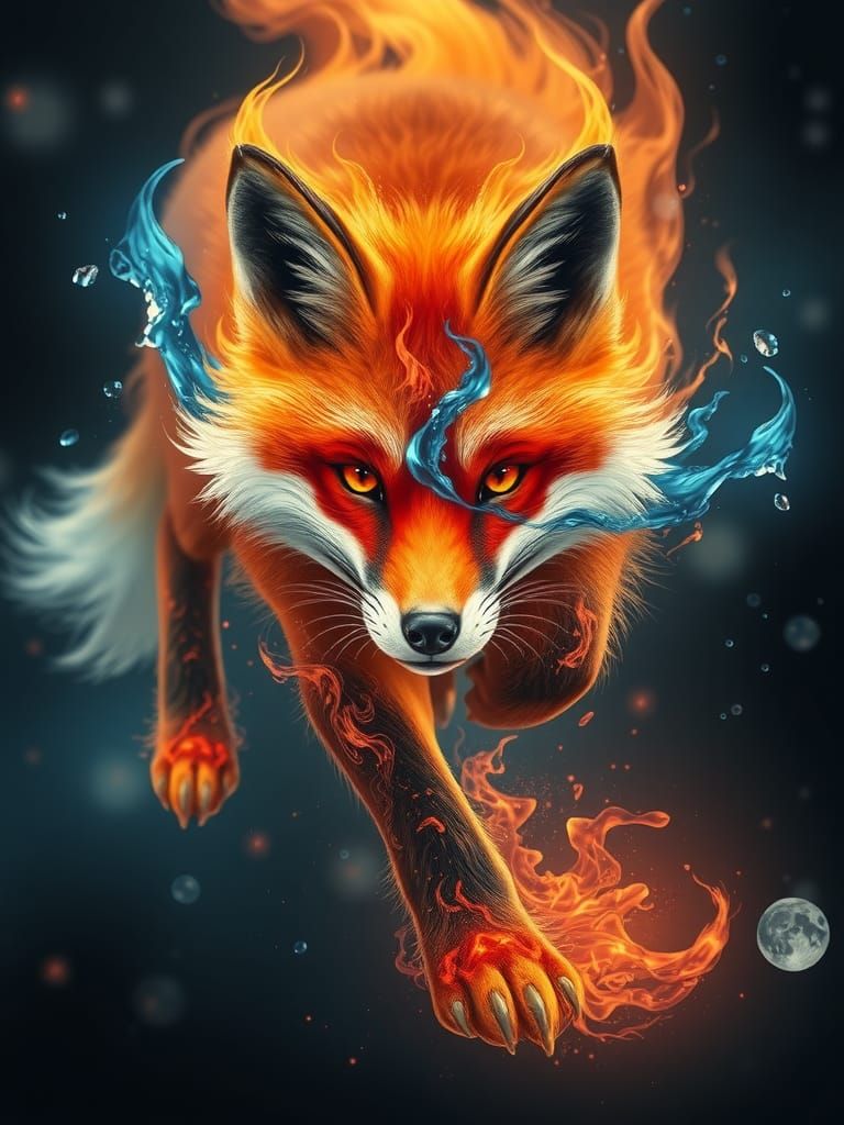 Elemental Fox with Fire and Water Eyes