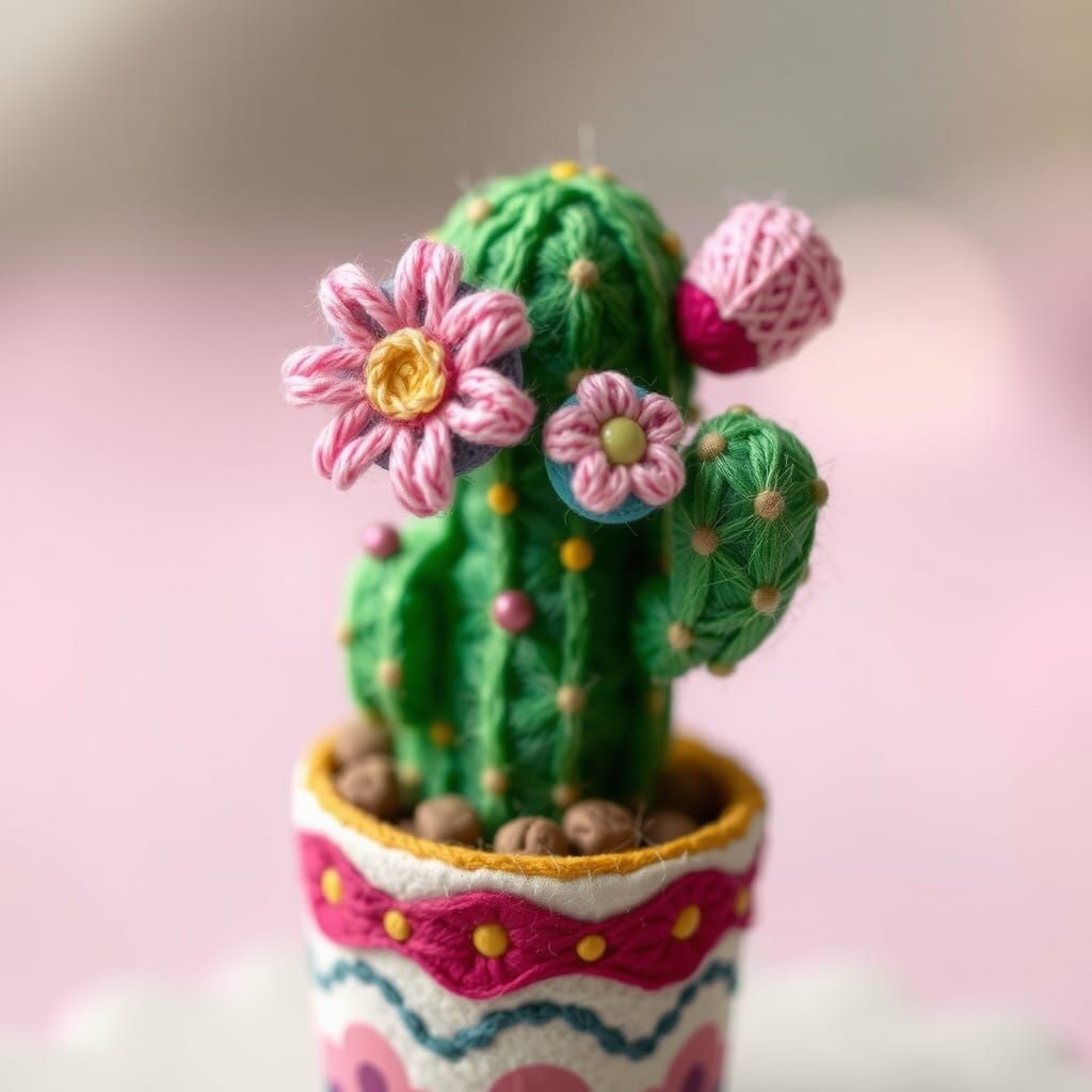 Colorful Yarn Cactus in Naive Folk Art Style