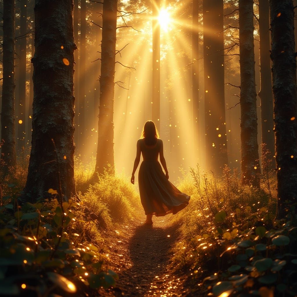 Mysterious Woman Walks in Ancient Forest